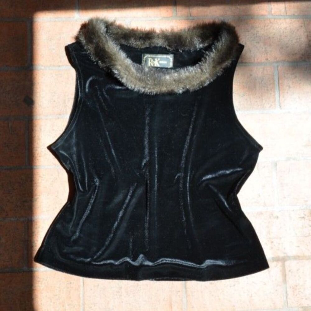 Vintage R&K Evening Black Velvet Fur Trim Top Whimsigoth Y2K